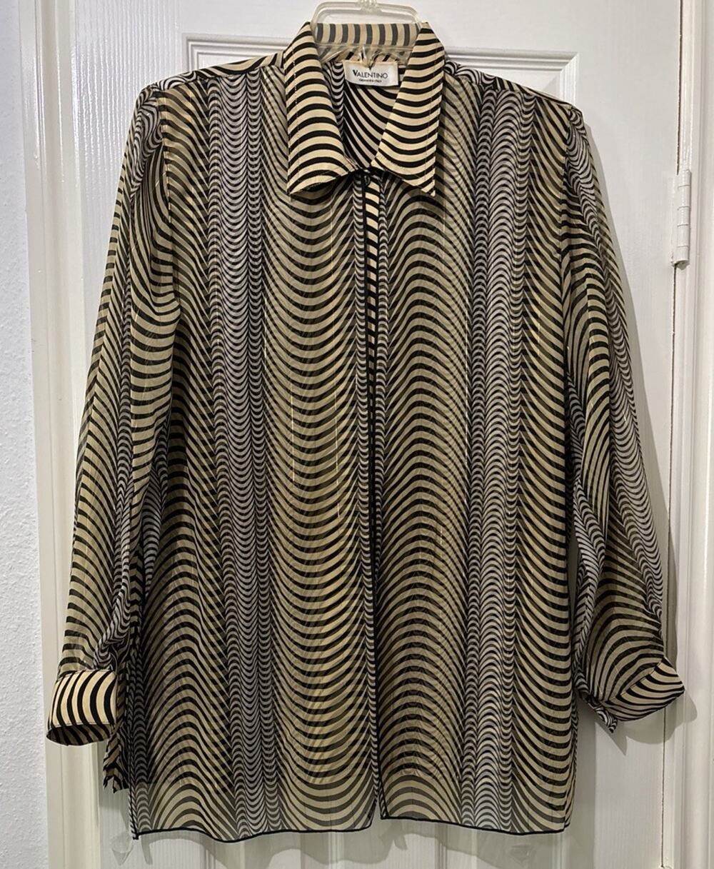 Vintage Valentino Blouse Black Gold Op Art Wave Stripe Sheer Overlay Size M?